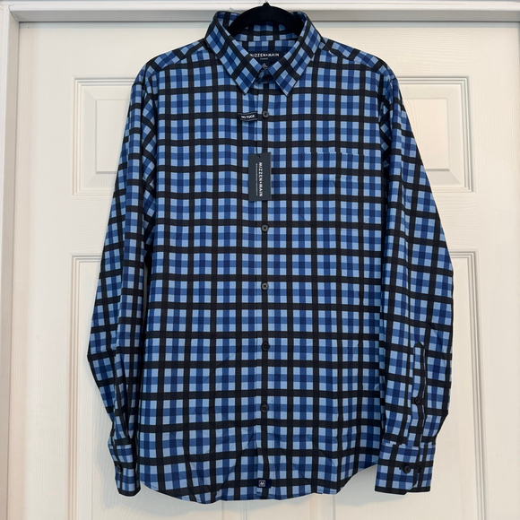 NWT Mizzen+Main Leeward Trim No Tuck Button Shirt Size M Blue Black Checkered - Picture 2 of 8